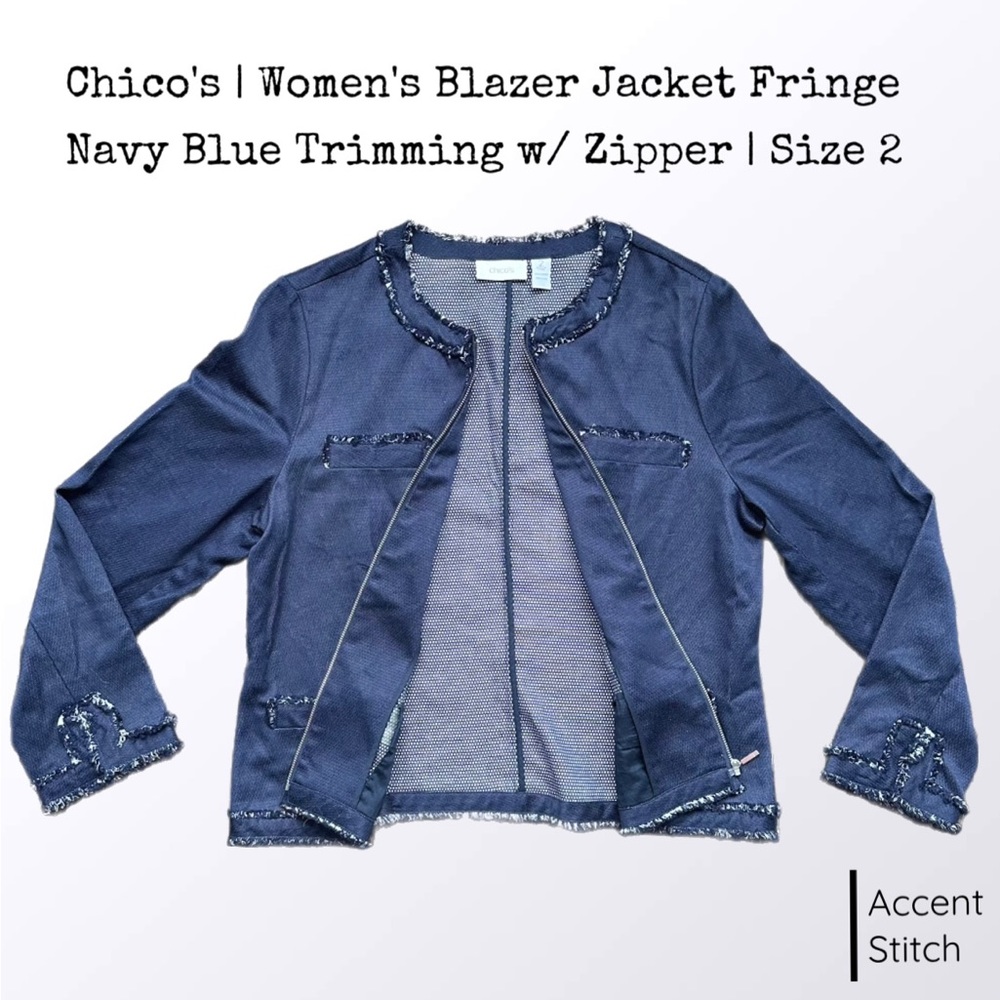 Chico’s | Women’s Blazer Jacket Navy Blue Fringe Trimming Vintage | Size 2